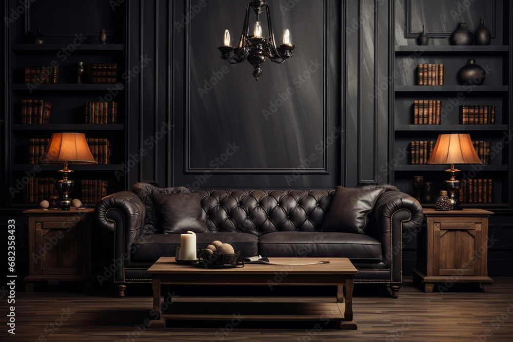 The view of a classic black raised paneling wall living room with the luxury brown leather sofa and dark coffee table set, carpet, and monochrome painting in a dark wooden frame. Generative AI. The view of a classic black raised paneling wall living room with the luxury brown leather sofa and dark coffee table set, carpet, and monochrome painting in a dark wooden frame. Generative AI.
