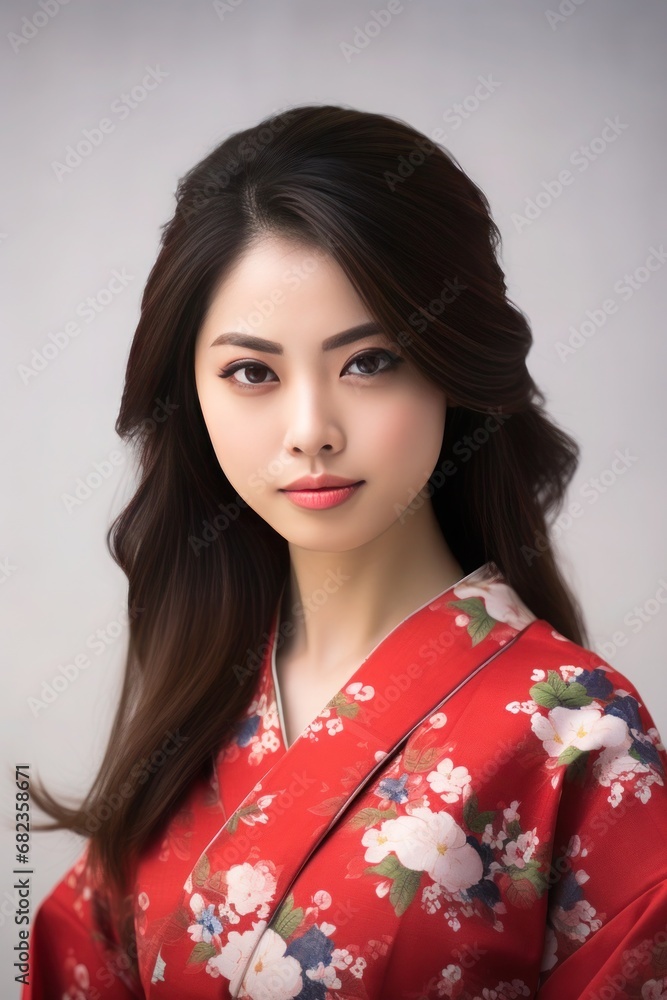 Portrait of beautiful japanese young woman in red yukata on light background Portrait of beautiful japanese young woman in red yukata on light background
