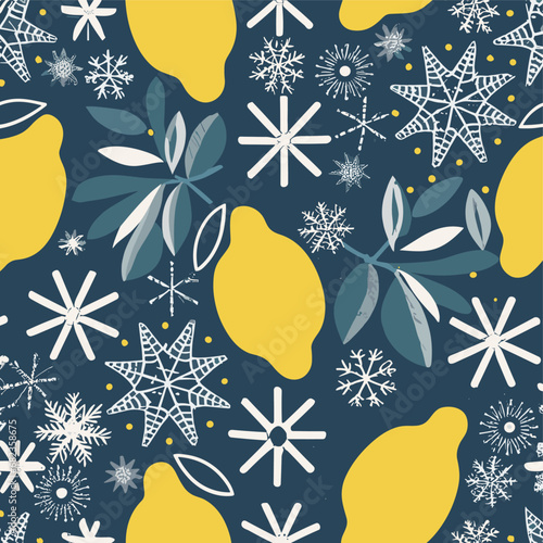Vector christmas pattern 
with citrus fruits lemons and snowflakes
 on a blue background. 2024 New Year's fashion
ornament for fabric, paper, textiles, notepad,
children clothing, postcard.