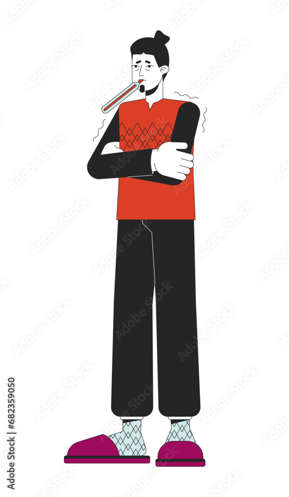 High temperature sick line cartoon flat illustration. Caucasian fever man keeping thermometer in mouth 2D lineart character isolated on white background. Chills symptom scene vector color image High temperature sick line cartoon flat illustration. Caucasian fever man keeping thermometer in mouth 2D lineart character isolated on white background. Chills symptom scene vector color image