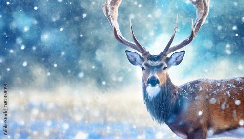 Male deer with big beautiful horns during winter on the field, macro photo. Christmas concept. Happy new year.   © adobedesigner