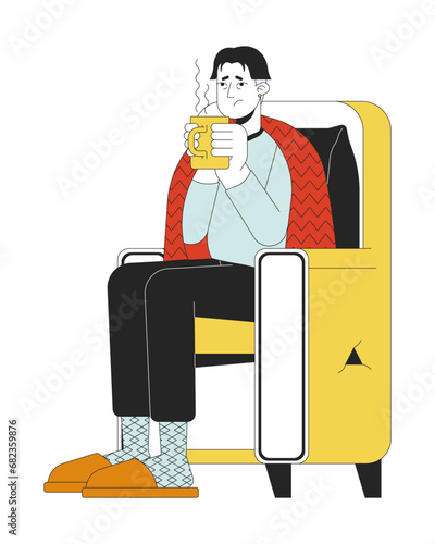 Treating flu at home line cartoon flat illustration. Asian sick man drinking tea in armchair 2D lineart character isolated on white background. Warming up, staying hydrated scene vector color image