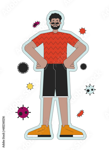 Boosting immune system 2D linear illustration concept. Black adult man resistant cartoon character isolated on white. Protection against influenza virus metaphor abstract flat vector outline graphic