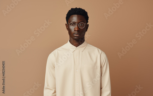 Stylish Modern Professional: Portrait of a Young Black Man with a Neutral Palette for Fashion and Culture Web Banners