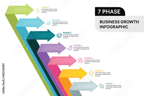 3D Arrow Fold Infographic Vector Illustration. 7 Steps Business Process Concept.