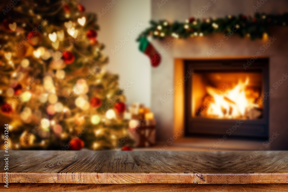 Wooden table with blurred Christmas tree and fireplace background.