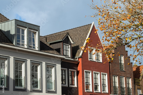 Facades of houses in the center of the fishing village of Spakenburg.