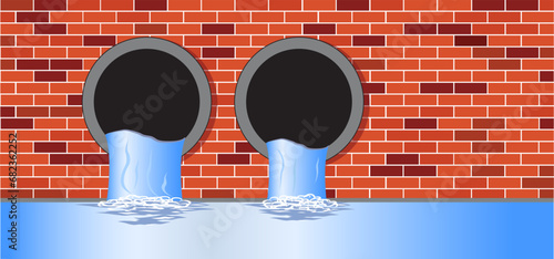 Milieu icon. Wastewater, dirty water. Sewer pipe icon or pictogram. From the pipe flowing liquid into the river or sea. Waste water pollution from industry. Sewer system. Industrial drain. Pipes line.