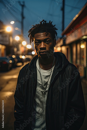 Young African American man with a contemplative look standing in a moody urban street scene at dusk potential for lifestyle and fashion industries