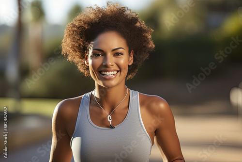 Smiling young African woman enjoying a sunny day outdoors while jogging in activewear showcasing fitness and a healthy lifestyle