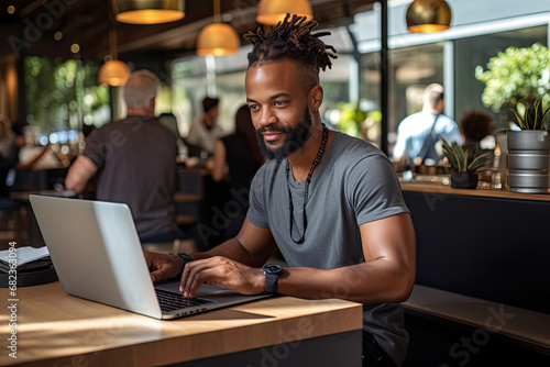 Young African American man smiling while working on laptop in a relaxed coffee shop atmosphere suited for technology and business industries