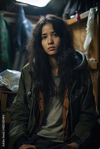 Portrait of a young Asian woman in contemplative mood wearing casual layers suitable for fashion and lifestyle themes