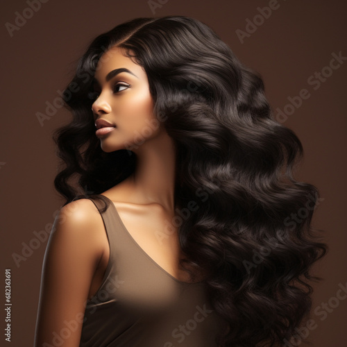 side way view, very detailed model, dark skinned woman with long deep wave hair extensions