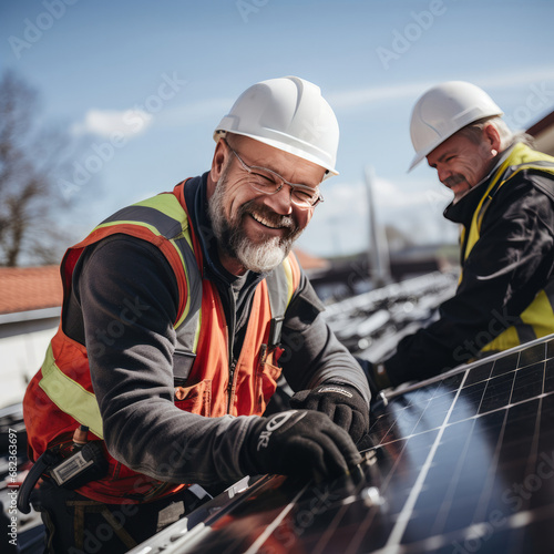 Smiling workers installing solar panels reflecting teamwork and eco-friendly energy industry with a positive job site atmosphere