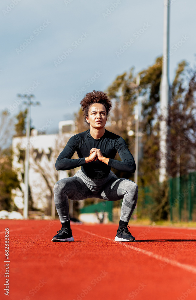 Young woman stretching her muscles before running on sport track outdoors.