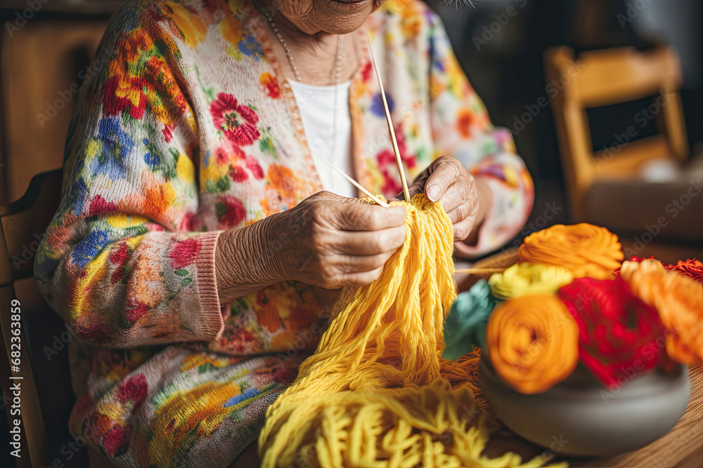 Elderly woman knitting a vibrant yellow garment at home depicting creativity warmth and craftsmanship for a lifestyle or hobby magazine