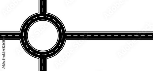 Roundabout, intersection. Winding road. Curved road with white markings. Asphalt roadway with turns. Curve way or asphalt highway or city street. Winding route, rotunda. traffic circle, congestion. photo
