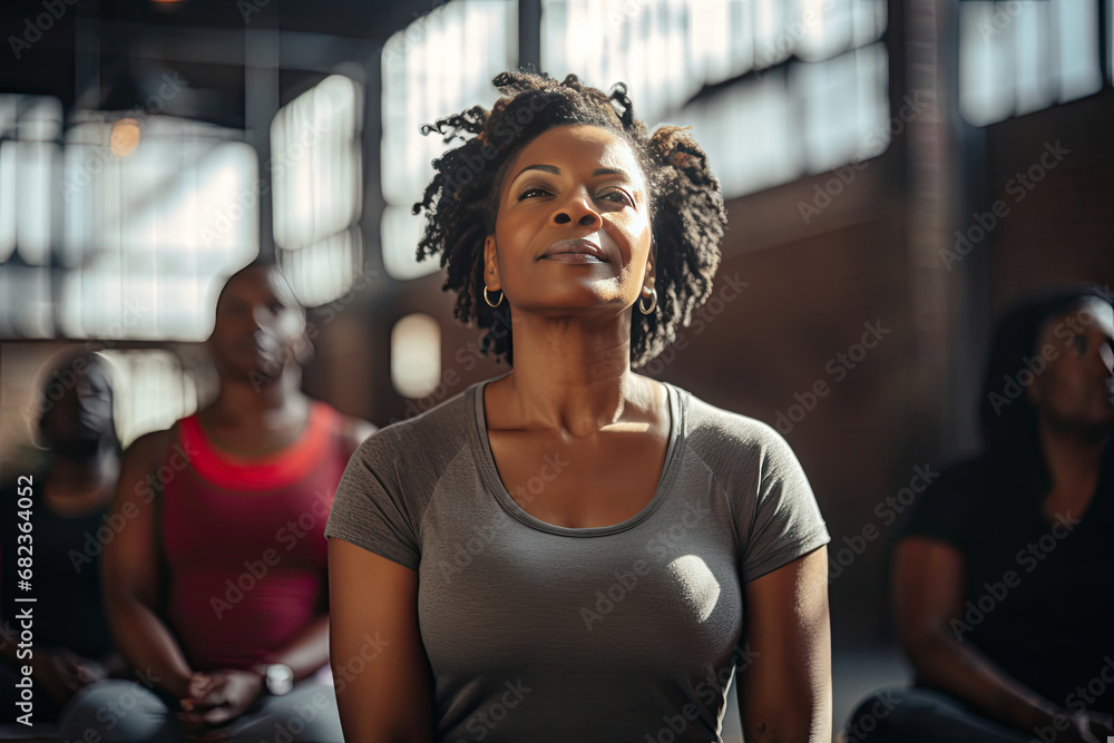 African American woman practicing yoga with a group embodying tranquility and focus for health and wellness advertising