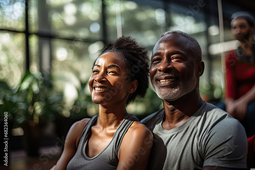 Mature African American couple smiling in gym setting showing wellness togetherness and happiness perfect for health and lifestyle industries