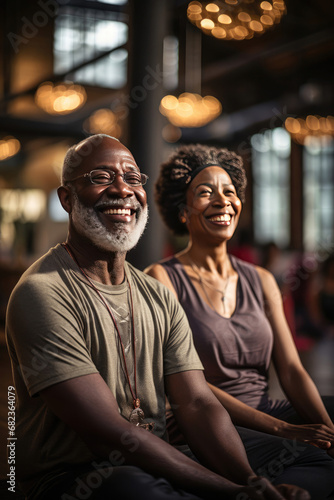 Joyful middle-aged couple of African descent sharing a moment of laughter and affection usage in lifestyle branding and relationship themes © Made360