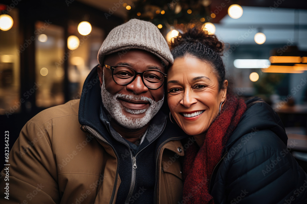 Smiling African American middle-aged couple in warm winter clothing embracing outdoors exemplifying love and companionship suitable for lifestyle and relationship themes
