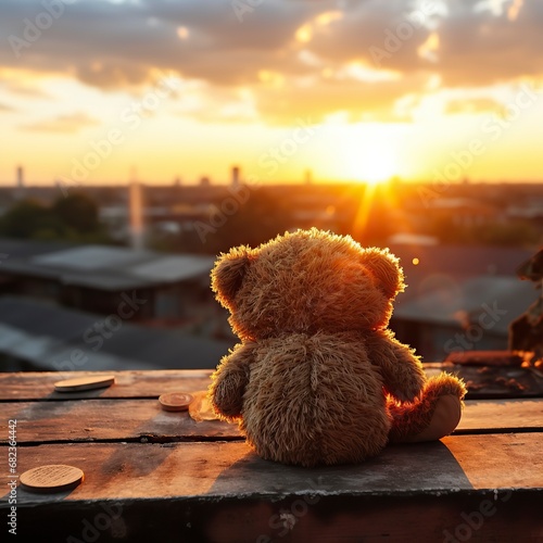  teddy bear sitting on the ground overlooks sunset,Teddy Day, Propose day, Valentines day 