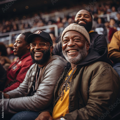 Multigenerational men of African descent enjoying a lively event at a stadium showcasing family bonding and happiness in a diverse crowd © Made360