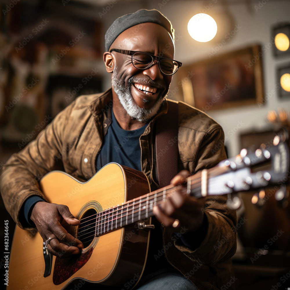 Obraz premium Happy African American mature adult playing acoustic guitar in a cozy indoor setting for leisure and entertainment