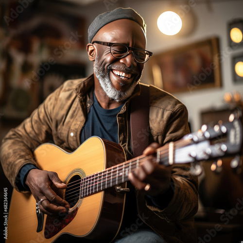 Happy African American mature adult playing acoustic guitar in a cozy indoor setting for leisure and entertainment