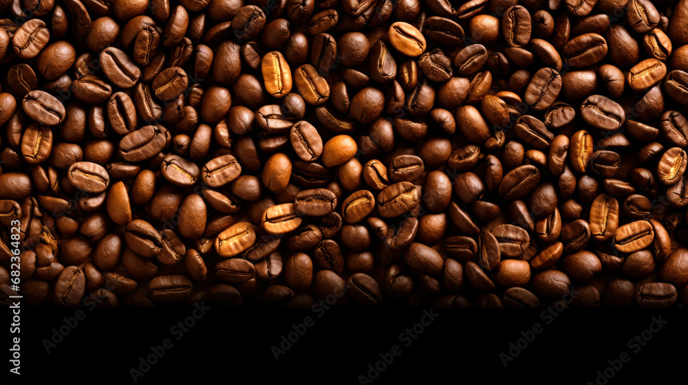 Obraz premium Roasted coffee beans on black background, Top view with space, can be use as background or texture with sample text