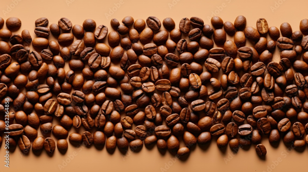 Roasted coffee beans on brown background, Top view with space, can be use as background or texture with sample text Roasted coffee beans on brown background, Top view with space, can be use as background or texture with sample text