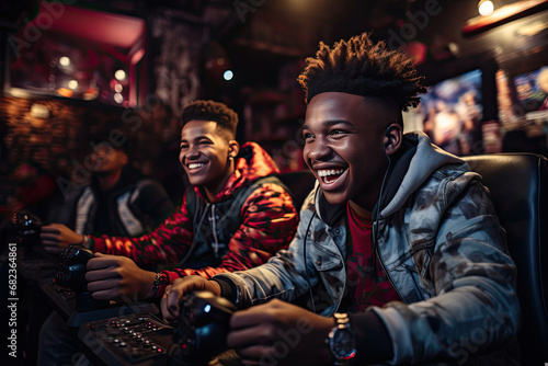 Teenage friends enjoying video games at an arcade representing entertainment industry vibes with happiness youth casual clothing competition and technology