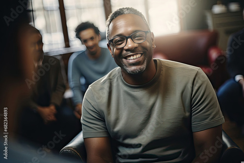 Close-up of a smiling Black man enjoying a social gathering with friends conveying warmth happiness and a casual relaxed lifestyle, perfect for community and lifestyle advertising