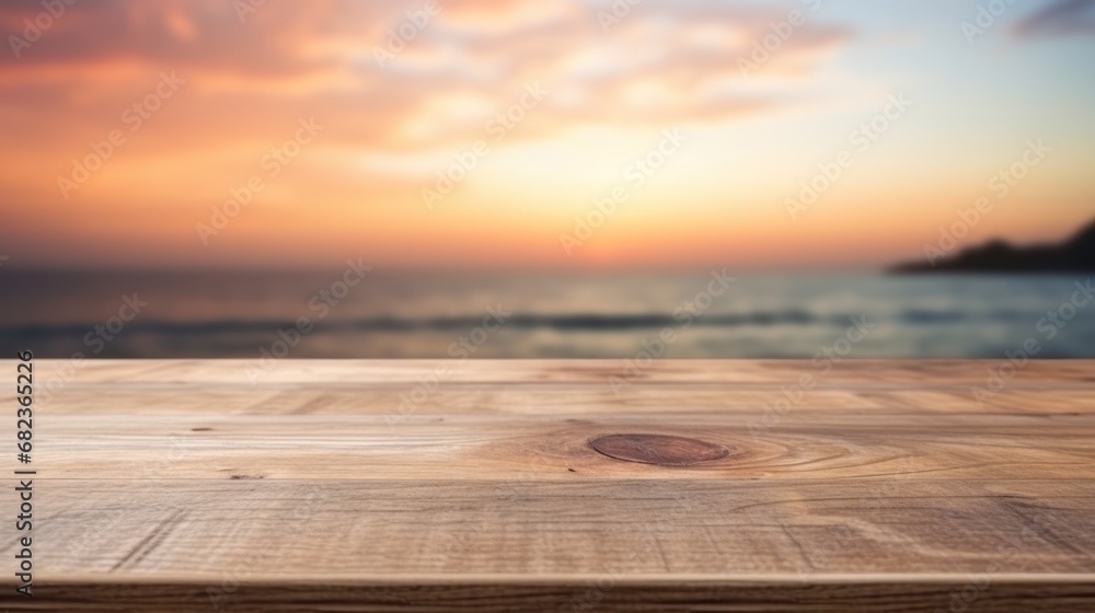 The empty wooden table top with blur background of sea on sunrise, Advertisement, Print media, Illustration, Banner, for website, copy space, for word, template, presentation