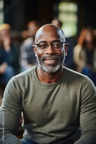 Confident African American man with glasses smiling at a seminar representing mentorship and community engagement in personal development