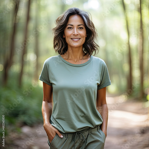 Smiling middle-aged brunette woman in casual green outfit enjoying nature on a sunny day promotes fitness and wellbeing in a peaceful outdoor setting photo