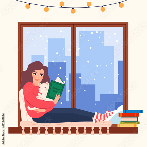 Young woman reading book sitting on the windowsill. Girl inside home spent time for reading book on holiday or vacation with pet. Window with winter landscape with falling snow cartoon vector illustra