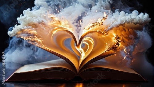An open book with its pages forming a heart shape ignites into flames, engulfed in smoke, symbolizing the intense passion for knowledge and the volatile power of information.