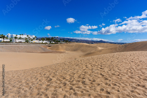 Gran Canaria Maspalomas. Shot from the Dunes with Sand and Sun and the Beach.