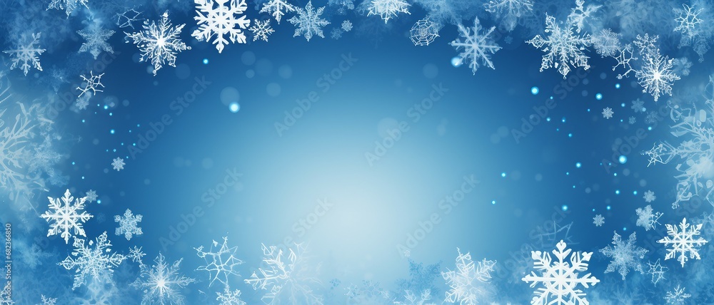 Snowflake border,Christmas background with white snowflakes frame on a blue background with copy space . Snowflake border,Christmas background with white snowflakes frame on a blue background with copy space .