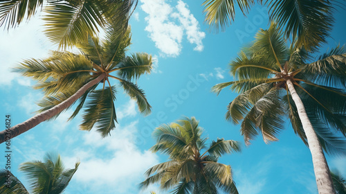 blue sky and palm trees view from below vintage style