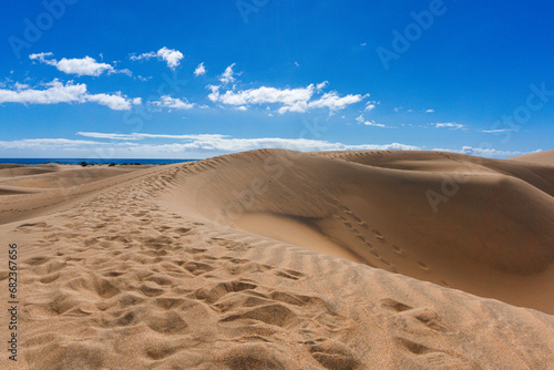 Gran Canaria Maspalomas. Shot from the Dunes with Sand and Sun and the Beach.