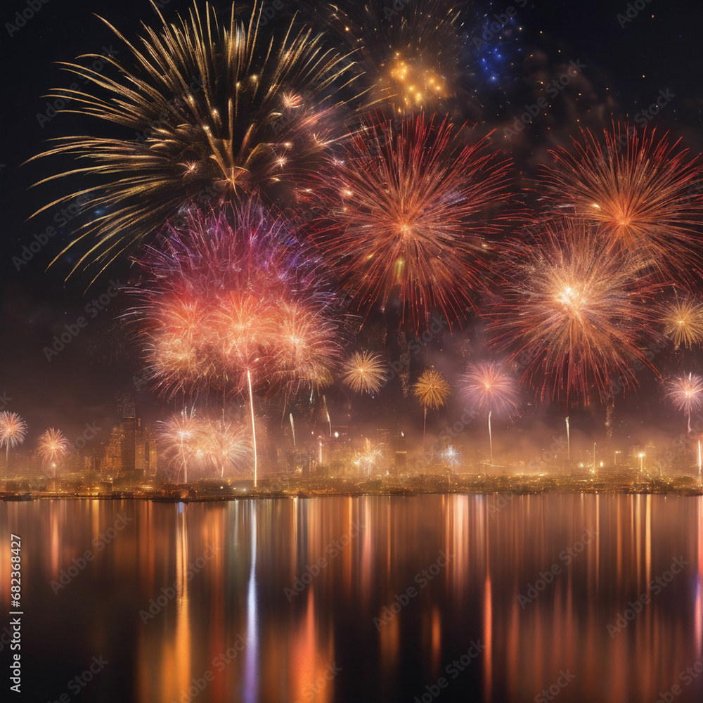 Scene of firework in the city on new year Scene of firework in the city on new year