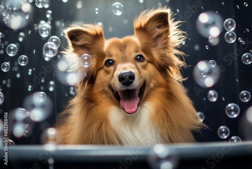 A happy dog takes a bath with foam and soap bubbles in pet grooming salon. Caring for the charming red Sheltie puppy. Generative AI. © Nikolai