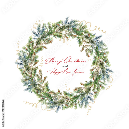 Watercolor wreath of fir branches with text Merry Christmas