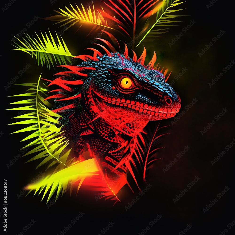 Naklejka premium Neon Geko, geko illustration, neon, geko, fluorescent, lizard, neon tropical, generative ai