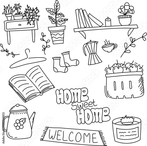 Hand drawn set of home hygge doodles. Coziness and comfortable lifestyle, cozy home. Cushion, house plant, mask for sleep, socks in sketch style. Vector illustration isolated on white background.