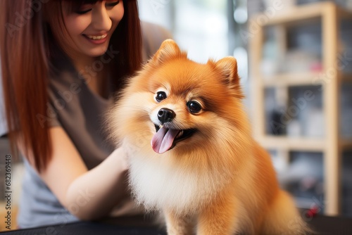 Small pet care business. A young female groomer takes care of a dog in a grooming salon. A well-groomed red pomeranian Spitz after a haircut and bathing. Generative AI.