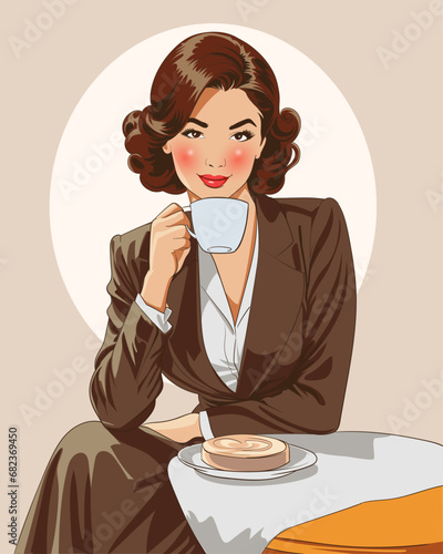 Woman savoring a cup of coffee in grace vintage charater Illustration.