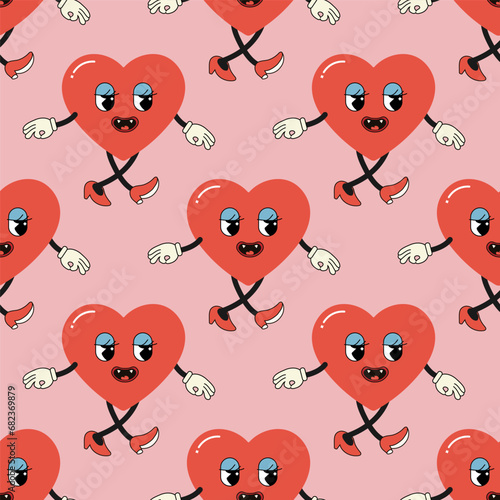 Fototapeta Naklejka Na Ścianę i Meble -  Seamless pattern groovy valentine's day, hearts, cute character
